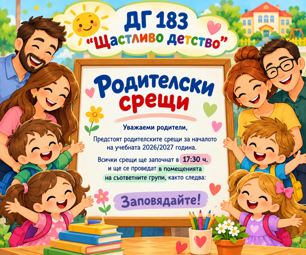 Родителски срещи за уч.2026/2027 година - ДГ №183 Щастливо детство - София, Гео Милев